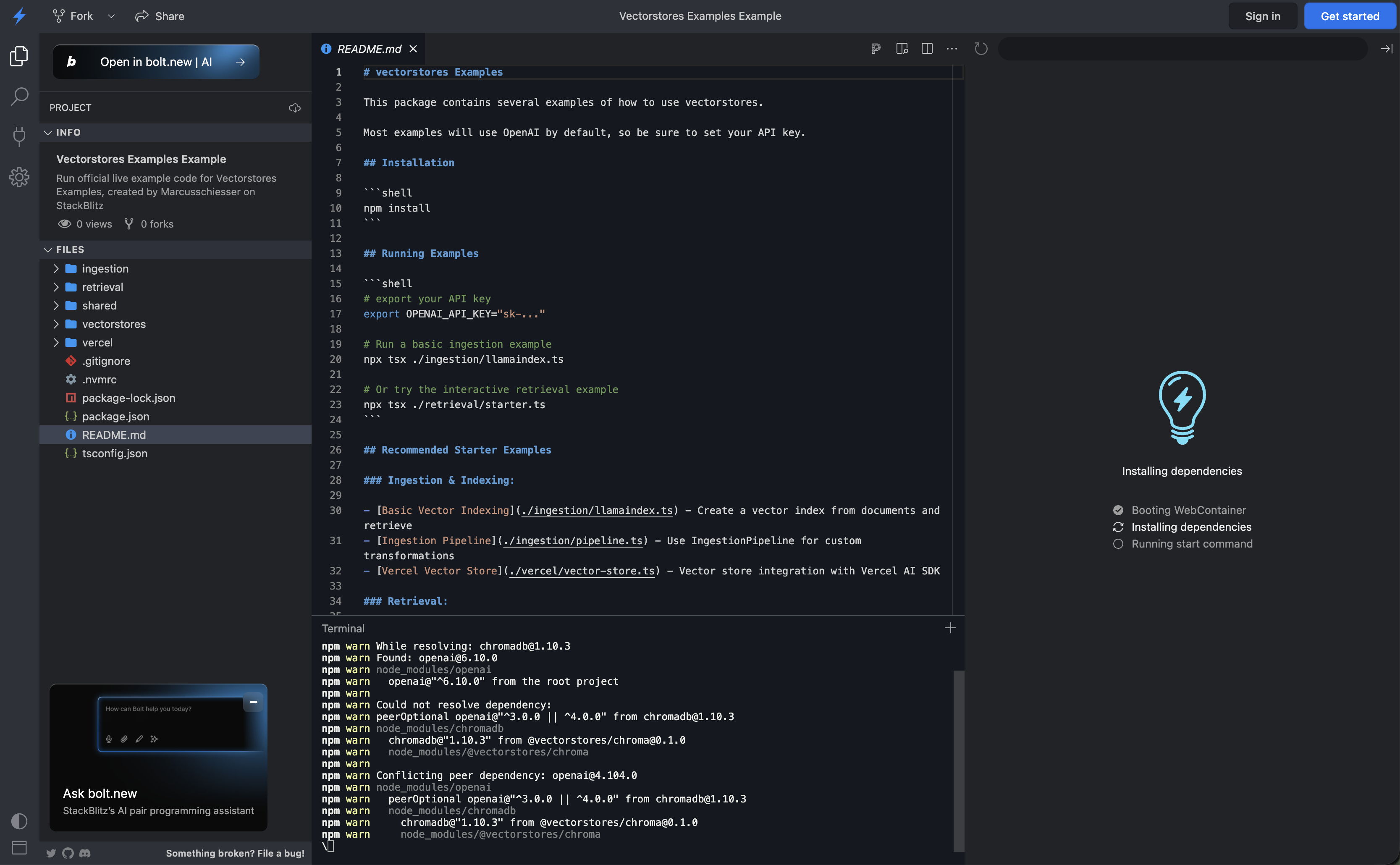StackBlitz IDE showing vectorstores examples